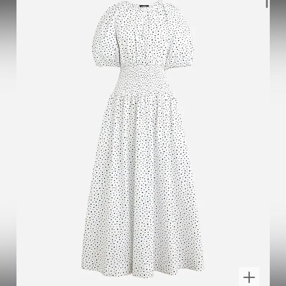 J. Crew. Puff-sleeve smocked-waist midi dress in dot. Medium. NWT